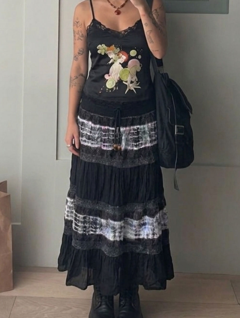 Whimsygoth Cotton Tiered Maxi Tie Dye Black And White Skirt Convertible Dress